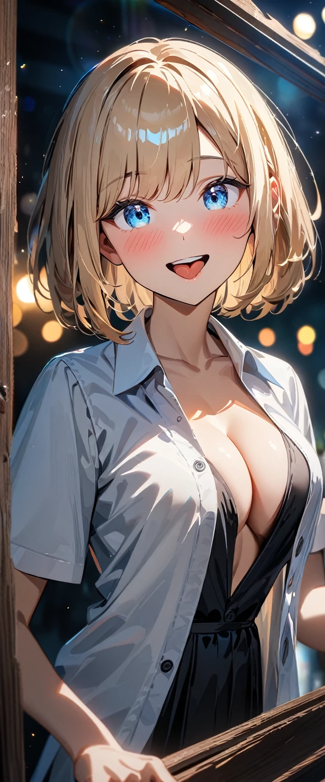 (((One girl))), blond hair, bob cut, (upper body), (looking at viewer), breasts, teenager, head tilt:1.3, (((blue eye))), ((happy smile)), ((full face blush)), tongue out, open mouth, school summer uniform, white shirts, black skirt, cleavage, anime style, (best quality, 4k, 8k, highres, masterpiece:1.2, ultra-detailed, ultra-detailed eyes, HDR, UHD, studio lighting, ultra-fine painting, sharp focus, physically-based rendering, extreme detail description, professional, vivid colors, bokeh)