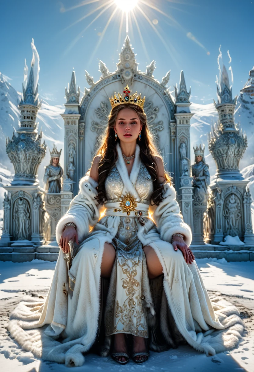 (Queen, crown), style is cold and noble, with an overall cold and noble style. The scene mainly depicts the Empress wearing a crown on a snowy wasteland. In the center of the picture is an Empress wearing a crown, sitting on a huge ice carved throne surrounded by a snowy wasteland surrounded by mist. The sunlight shines through the mist on the Empress, creating a sacred and aloof atmosphere. Her white mink fur robe shines brightly in the sunlight, highlighting the contrast between light and shadow in the composition, showcasing her noble status. In the middle of the shot, the sun shines on her body, (Photography), award-winning, cinematic still, emotional, vignette, dynamic, vivid, (masterpiece, best quality, Professional, perfect composition, very aesthetic, absurdres, ultra-detailed, intricate details:1.3)