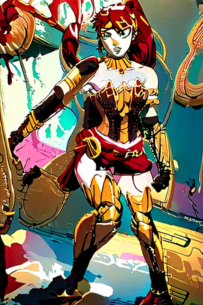 (masterpiece, best quality), 1girl, PyrrhaNikos, green eyes, red hair, ponytail, long hair, sidelocks, headband, collar, gold jewels, armor, brown corset, skirt, (black arm band:1.2), glove, belt with red clothe, leg sheaths, boots