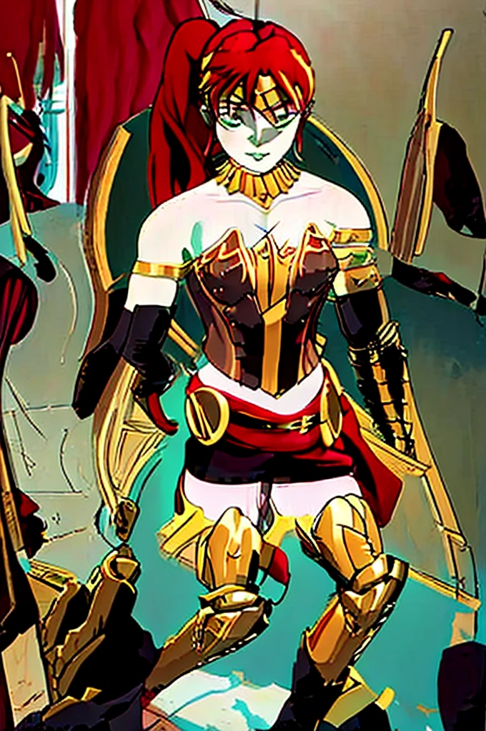 (masterpiece, best quality), 1girl, PyrrhaNikos, green eyes, red hair, ponytail, long hair, sidelocks, headband, collar, gold jewels, armor, brown corset, skirt, (black arm band:1.2), glove, belt with red clothe, leg sheaths, boots