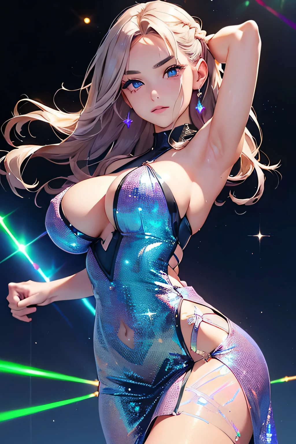 Highest quality、High resolution、Detailed Background、(Beautiful face in every detail:1.4)、Anatomically correct、(Detailed facial expressions)、(Detailed eyes:1.2)、Beautiful women in their 20s、(Highly detailed face:1.4)、(Huge breasts:1.2)、Cute hair colour、Braided long hair、Wavy Hairstyle、well-groomed eyebrows、Cute Eye Makeup、Cute Lip Makeup、Perfect body line、party、Excited、Uplifting、
(Beautiful woman dancing in a holographic laser dress under the lights:1.5)、Dance to the rhythm with relaxed steps to impress.、Eyes that everyone admires、Bodycon Dress、Color is black or red、Navy etc.、It&#39;s also a good idea to incorporate glamorous details such as lace and metallics.、Add subtle accents with necklaces, earrings, rings, etc.、very beautiful