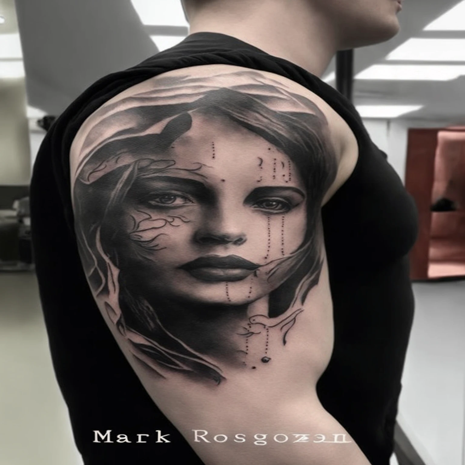 tattoo with a woman's face, ultra - realistic and intricate, detailed face and body, realism tattoo, very detailed and beautiful face, super intricate realism, hyper realistic shaded tattoo, great detailed face, beautiful realistic upper body, hyper-realistic tattoo, beautiful and detailed body and face, realistic tattoo, extremely detailed gorgeous face