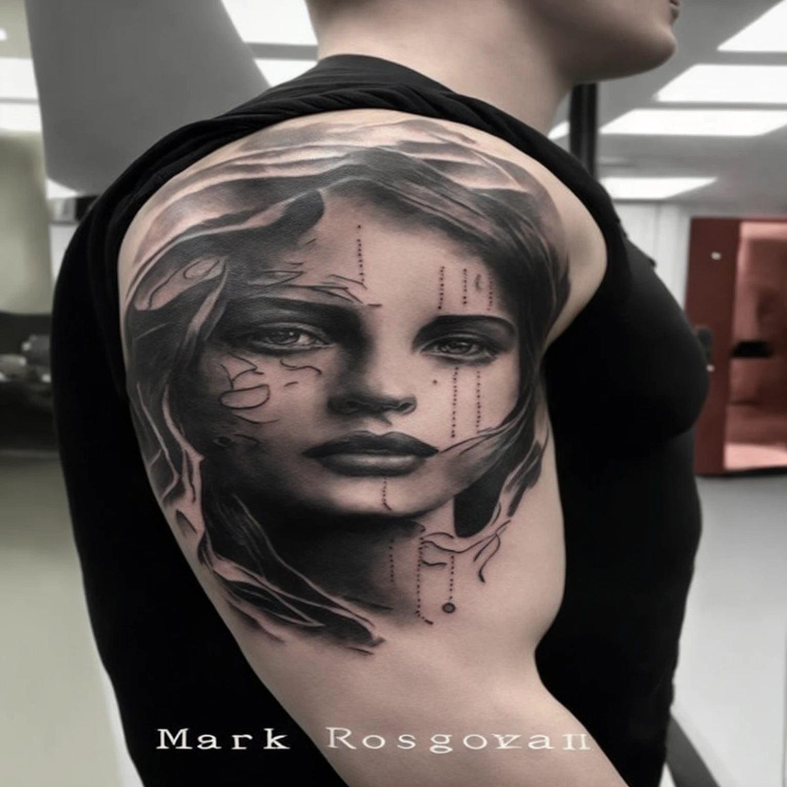 tattoo with a woman's face, ultra - realistic and intricate, detailed face and body, realism tattoo, very detailed and beautiful face, super intricate realism, hyper realistic shaded tattoo, great detailed face, beautiful realistic upper body, hyper-realistic tattoo, beautiful and detailed body and face, realistic tattoo, extremely detailed gorgeous face