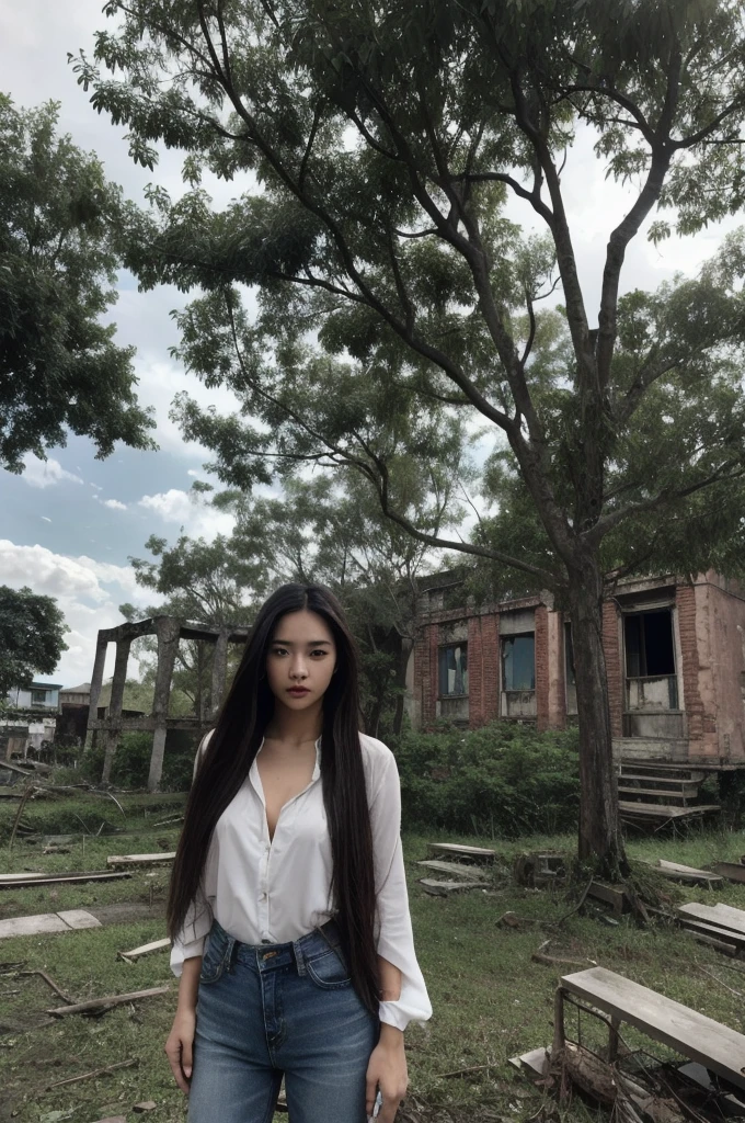 Thai Woman, look at viewer, long hair, shirt, jeans, cloud, day, sky,outdoors, post-apocalypse, ruins, scenery, tree, water,