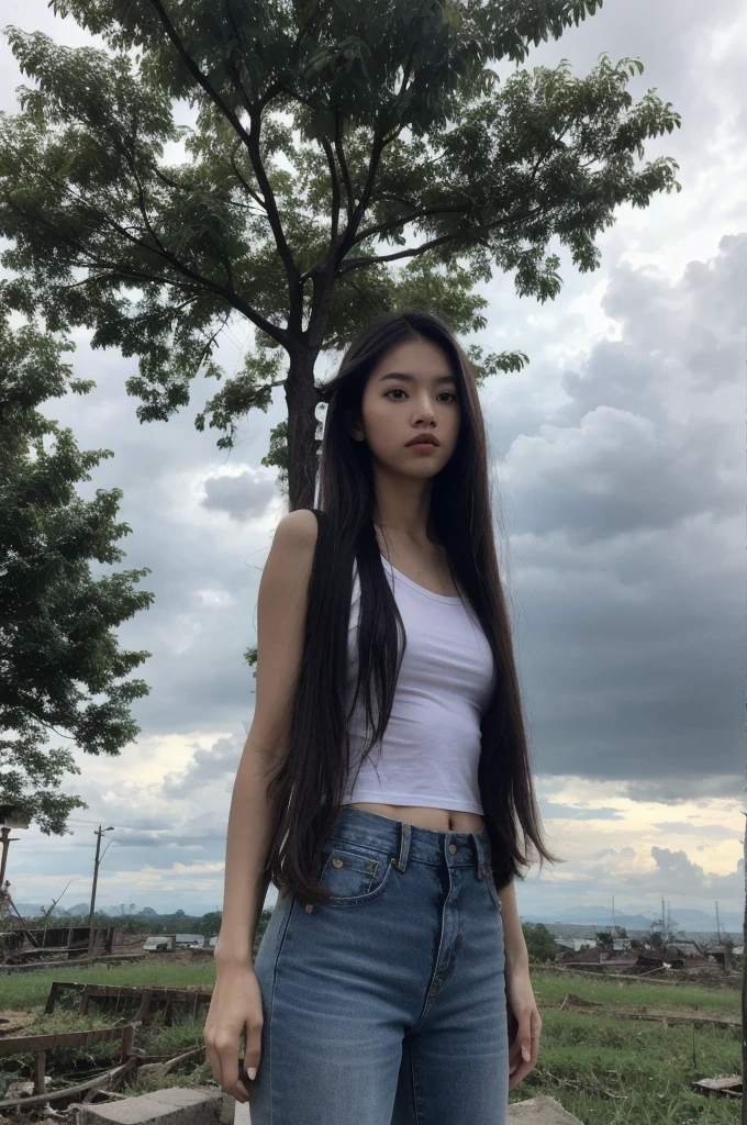 Thai Woman, look at viewer, long hair, shirt, jeans, cloud, day, sky,outdoors, post-apocalypse, ruins, scenery, tree, water,