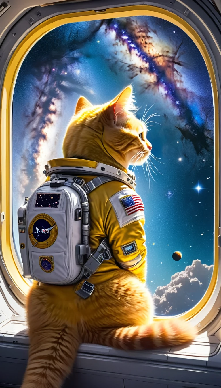 A yellow cat astronaut in a spacesuit gazes out the large window of his spaceship at the breathtaking view of the Milky Way. The vast expanse of stars and glowing galaxies fills the window, creating a sense of awe and wonder.