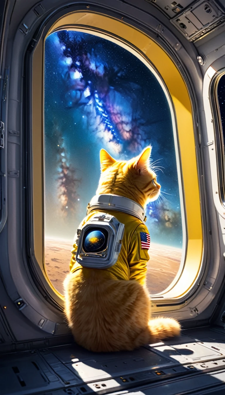 A yellow cat astronaut in a spacesuit gazes out the large window of his spaceship at the breathtaking view of the Milky Way. The vast expanse of stars and glowing galaxies fills the window, creating a sense of awe and wonder.