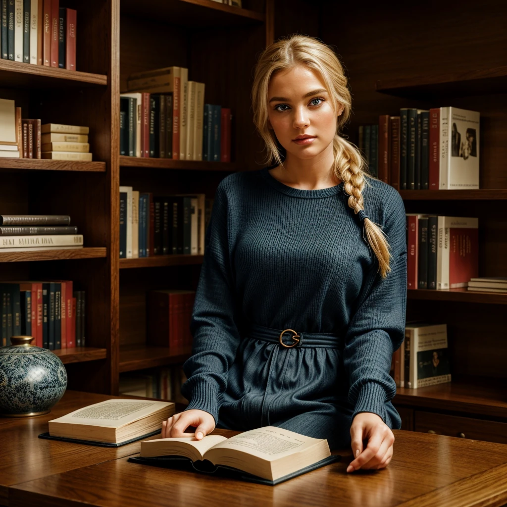 A blonde woman in her 30s with blue eyes is sitting in a quiet, modern library. She has her long hair tied back in a ponytail or chignon. She is dressed in classic, everyday clothing in black, such as a comfortable blouse and jeans or a casual dress. She is seated behind a table with several books spread out in front of her, as if she is studying or reading. The background shows bookshelves filled with books, creating a scholarly and serene atmosphere. She is alone in the image.

The image should capture a peaceful, intellectual moment with an ultra-realistic and high-quality look. Everything in the image, including the woman, her black outfit, and the library setting, should be as detailed and realistic as possible. The facial details, hair, and clothing textures should be extremely lifelike, with intricate textures. The details of the books, the table, and the bookshelves should be enhanced to an ultra-realistic level. Additionally, add a subtle film grain effect to the image to give it a cinematic quality. The image should have the crystal clear quality of a Fujifilm XT3 photograph, with the beautiful figure framed at the center. The woman's body should have slightly more generous curves, enhancing her natural figure in a tasteful and realistic manner. Everything should be the highest possible quality with the most realistic details.