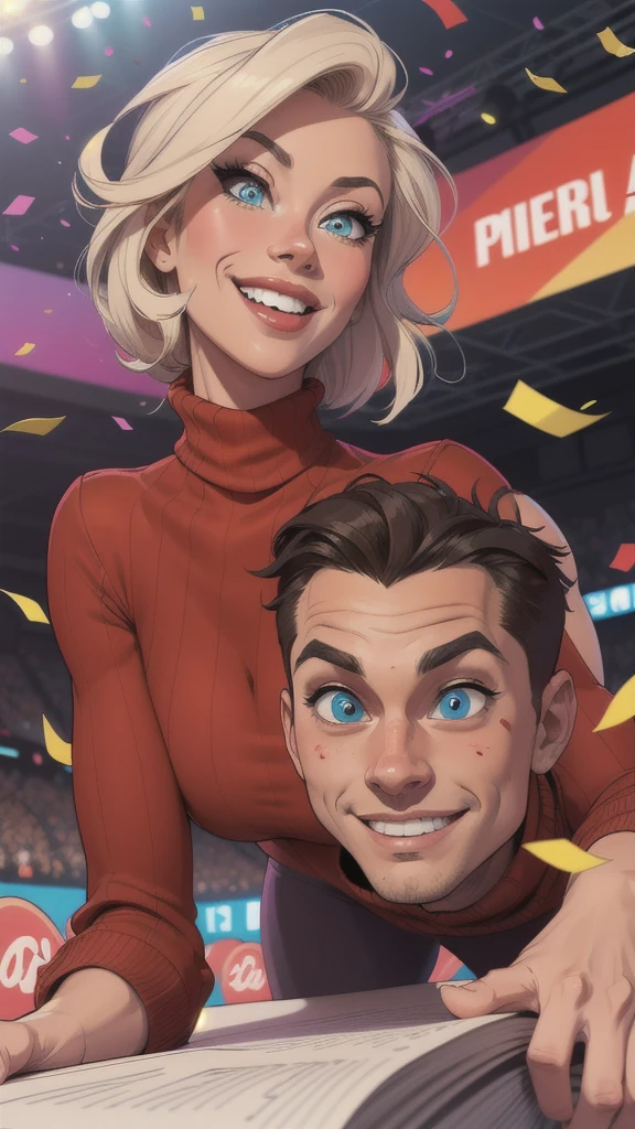 (cartoon style:1.2),  A drawing of ([jessica chatain|Kelly Ripa|this foot]), wearing a loose turtleneck sweater, big smile, Perfect eyes, detailed face,  bottom, funny pose, flirtatious look, confetti, custody