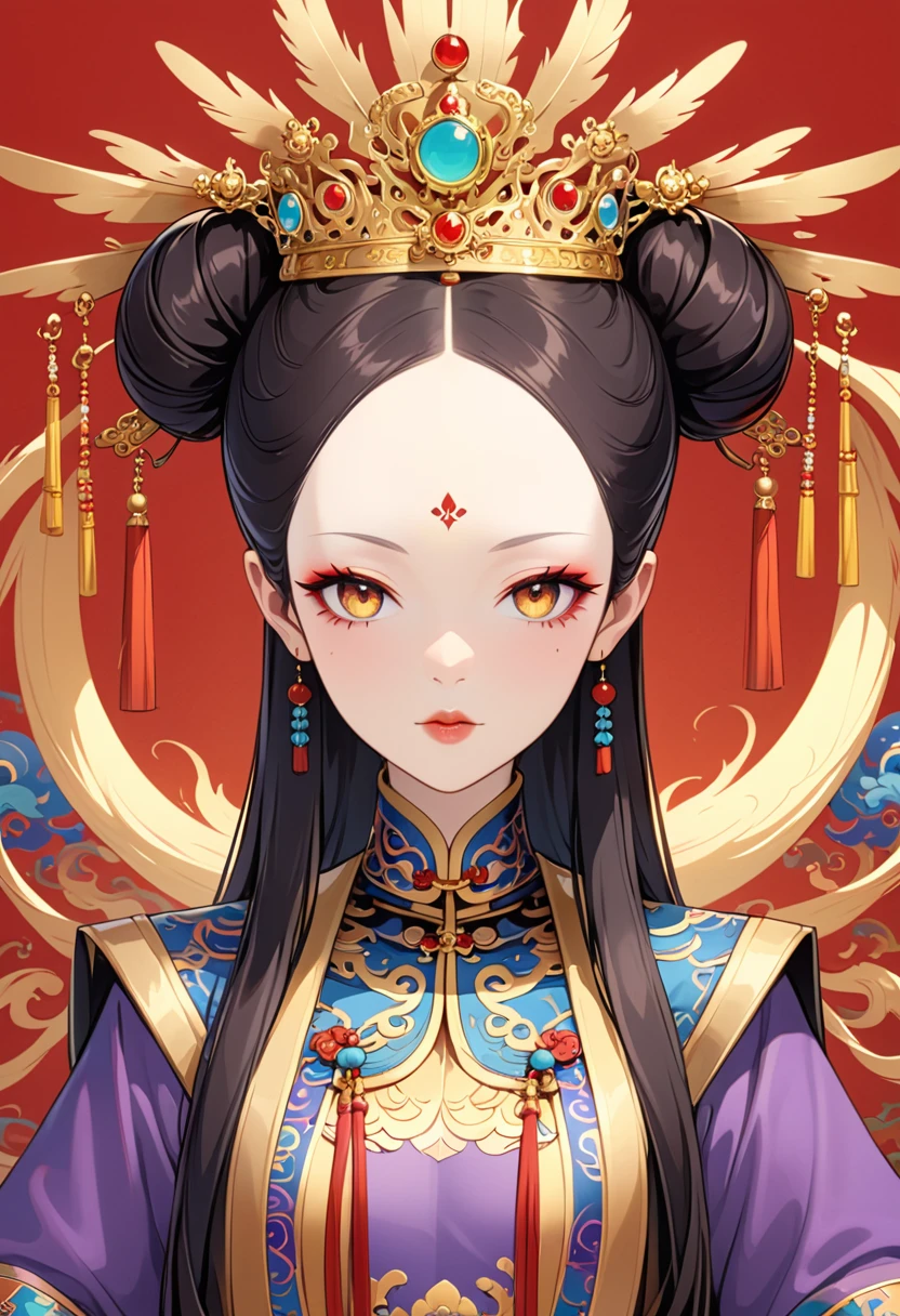 Phoenix Coronet：1.37.Solemn girl portrait，symmetry，Round Face，Bright Eyes，Smooth skin，Red peony headdress，Elegant and luxurious，Wealth，Gorgeous black and gold costumes，Chinese Qing Dynasty flag costumes,Selfish,Chinese Emperor，High bun，Gorgeous golden crown，tassel，palace，Clean background，(((Wu Zetian，Empress)))，Pearl tassels，Pearl Makeup，Red background，Domineering sitting posture，Long legs
