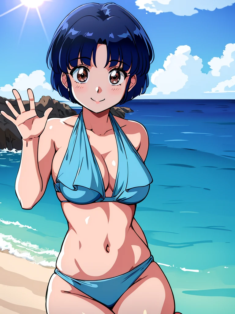 HDR, CG, sharp focus, (8k), (4k), masterpiece, best quality, detailed skin, extremely detailed, hiper detailed, sharp focus, looking at viewer, high quality, AKANE, Akane tendou, short hair, blue hair, brown eyes , tetas grandes, solo, 1girl, beach background, hands on chest, sit on rockd, bikini, waving, happy smile,