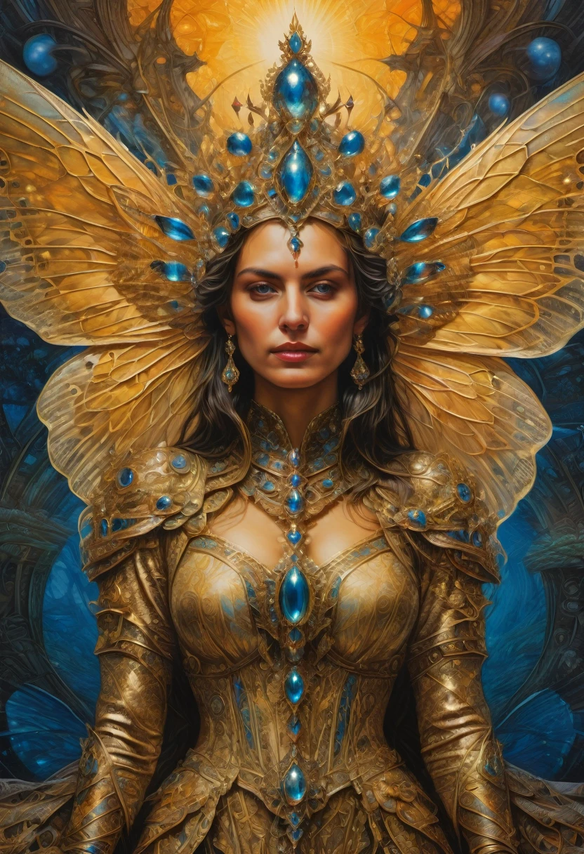 Queen, crown, pose, by Sybil Andrews and Bob Eggleton, photo, best quality, masterpiece, very aesthetic, perfect composition, intricate details, ultra-detailed