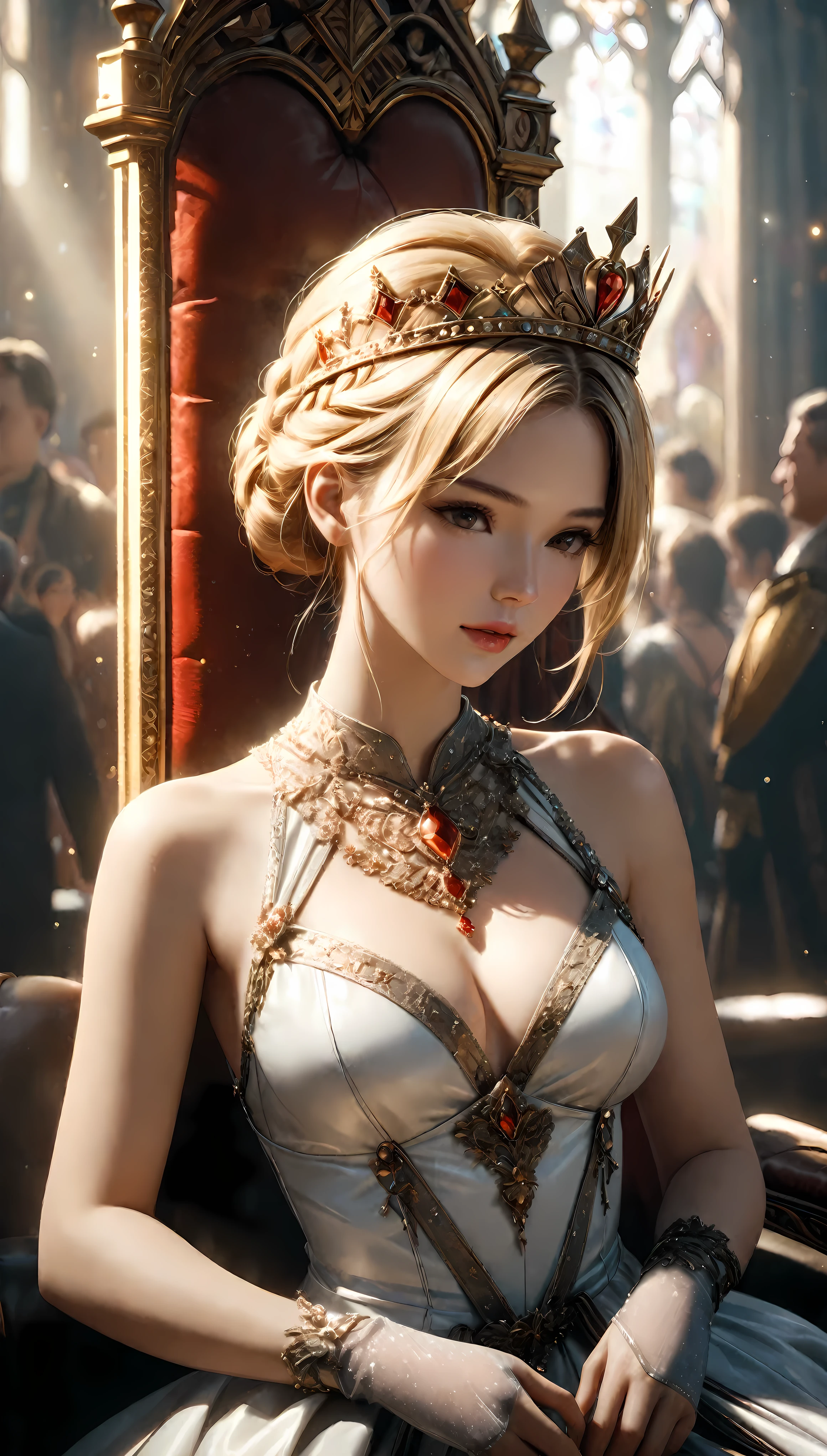 ((Masterpiece in maximum 16K resolution):1.6),((soft_color_photograpy:)1.5), ((Ultra-Detailed):1.4),((Movie-like still images and dynamic angles):1.3). | (cinematic photo of a Queen on her coronation), (Blonde Supermodel Beauty), (focus on the crown), (cinematic lens), (exotic hall filled with heavenly light), (tyndall effect), (luminous object), (female hand gloves), (Festive atmosphere), (shimmer), (aesthetic throne accesories), (visual experience),(Realism), (Realistic),award-winning graphics, dark shot, film grain, extremely detailed, Digital Art, rtx, Unreal Engine, scene concept anti glare effect, All captured with sharp focus. | Rendered in ultra-high definition with UHD and retina quality, this masterpiece ensures anatomical correctness and textured skin with super detail. With a focus on high quality and accuracy, this award-winning portrayal captures every nuance in stunning 16k resolution, immersing viewers in its lifelike depiction. | ((perfect_composition, perfect_design, perfect_layout, perfect_detail, ultra_detailed)), ((enhance_all, fix_everything)), More Detail, Enhance.