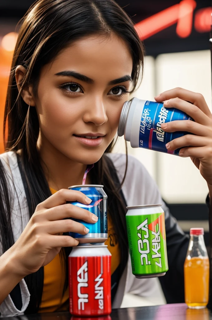 Girl drinking the contents of an energy drink with the name “immortal”
 