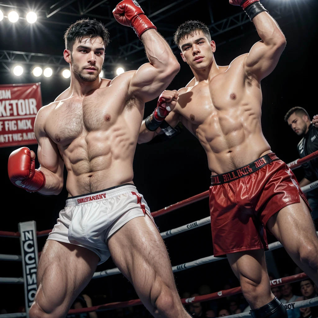 hairy, muscular boxer, has straight black hair on his chest, large flexed biceps, leather red big gloves oversized, laces and tapped and has his hands raised in a sign of victory, he is over a boxing ring, he wear small briefs and long boxing boots, short hair cut, show his hairy armpits, big muscles full of hairy