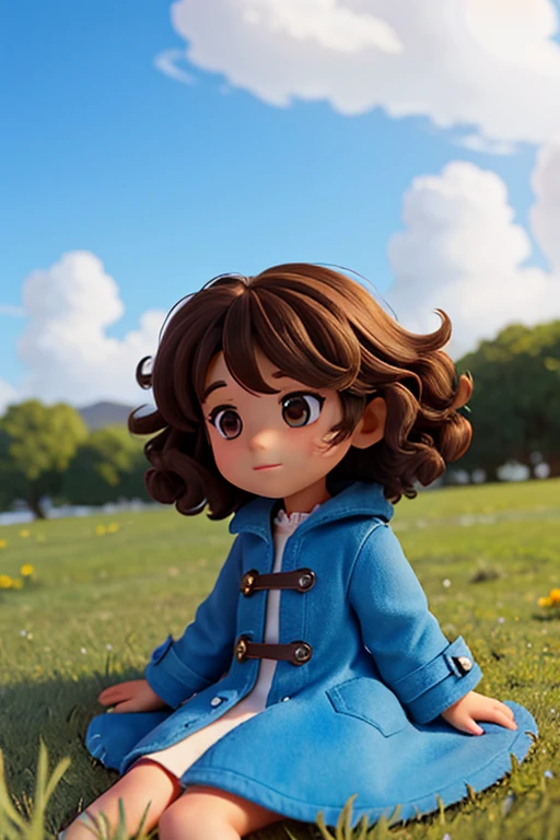 10 year old brunette with curly hair brown eyes and small nose wearing a beautiful blue 70s style coat,lying on the grass watching the clouds
