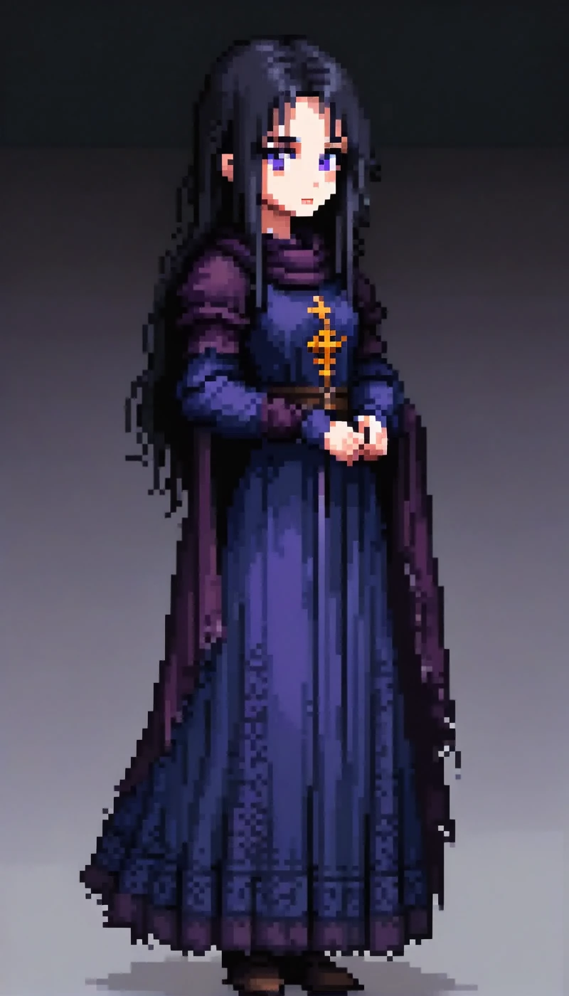 (Pixel art: 1.2), 1 girl, 50 years old, ragged medieval dark blue clothes, medieval cloths, purple eyes, side view, full body, visible lips and nose, black hair, black background, calm and misterious expression.