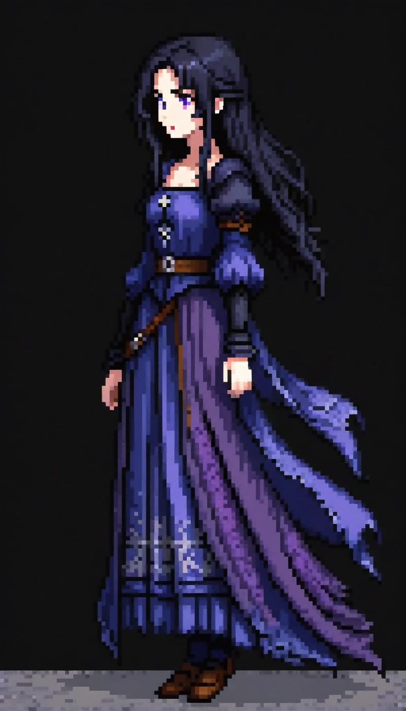 (Pixel art: 1.2), 1 girl, 50 years old, ragged medieval dark blue clothes, medieval cloths, purple eyes, side view, full body, visible lips and nose, black hair, black background, calm and misterious expression.