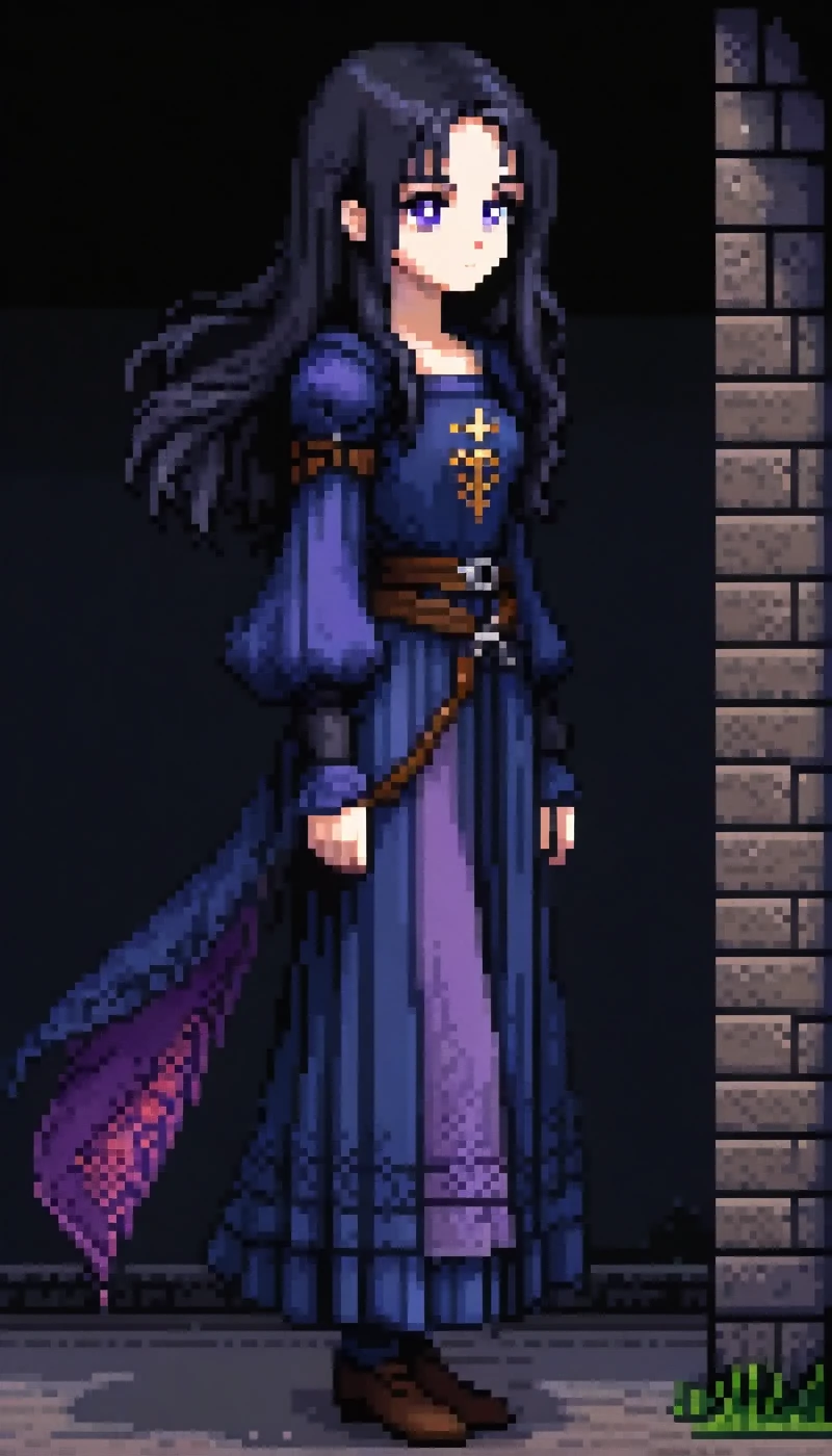 (Pixel art: 1.2), 1 girl, 50 years old, ragged medieval dark blue clothes, medieval cloths, purple eyes, side view, full body, visible lips and nose, black hair, black background, calm and misterious expression.