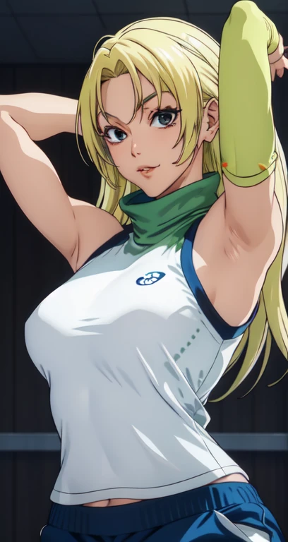 YukiTsukumo, 1girl, AS-Adult, blonde, long hair, female focus, solo, sleeveless turtleneck, facing viewer, arms up, armpits visible, detailed armpits