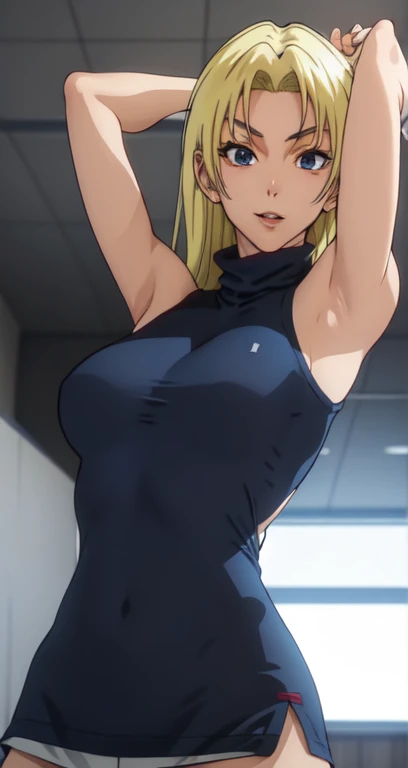 YukiTsukumo, 1girl, AS-Adult, blonde, long hair, female focus, solo, sleeveless turtleneck, facing viewer, arms up, armpits visible, detailed armpits