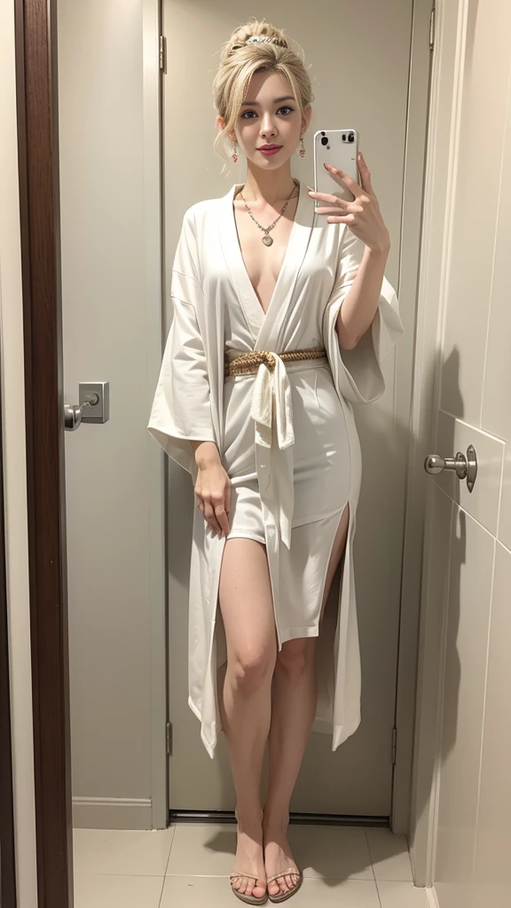 Standing in the bathroom, Excited, necklace, Earrings, whole body, White kimono, That's excellent, (Ultra-high resolution, RAW Photos, realism: 1.25), (bright lip gloss, Long eyelashes, Smooth face , Light Skin, Natural Shadows, Wide Light, Wide Light, Depth of written boundary, Strong colors, smile, (Big Breasts, Cleavage), ( beautiful girl, Baby Face:1ailed eyes and face:1.2, Professional photography techniques)