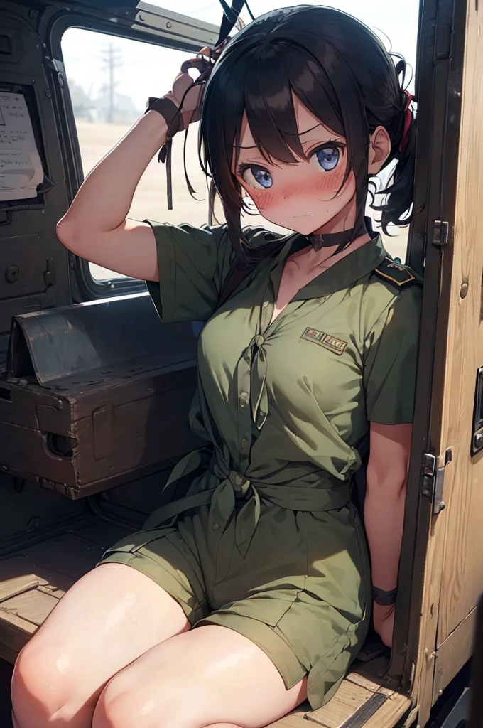 1 girl, sitting, inside a military vehicle, (((military uniform, mini shorts))), ((short sleeve)), (tied up:1.5), tied up, handcuffed, restrained, (worried:1.5), (blushing:1.5), perfect body, perfect face, perfect eyes, detailed eyes, beautiful eyes, big thighs, detailed face, full body