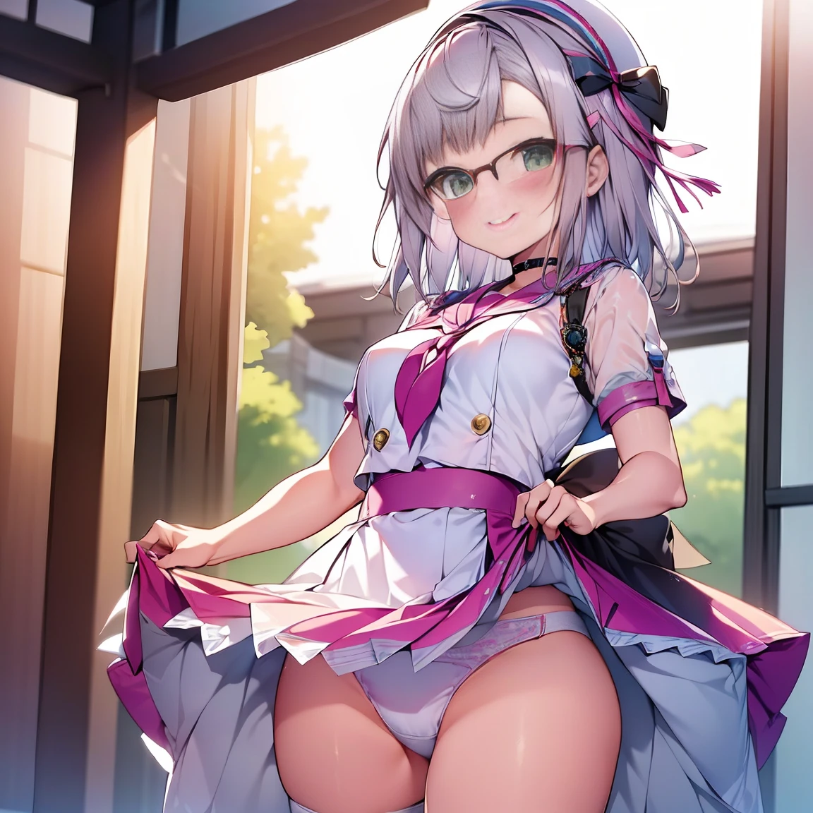 8K、masterpiece、Japanese、Woman wearing glasses、Neon(nod)、from the front、smile、ish、Small breasthrough underwear、night、Bedroom、Show your underwear、mini skirt