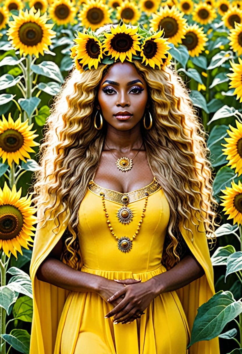 Saint Oshun surrounded by sunflowers with long and very beautiful hair and a yellow crown and yellow dress 