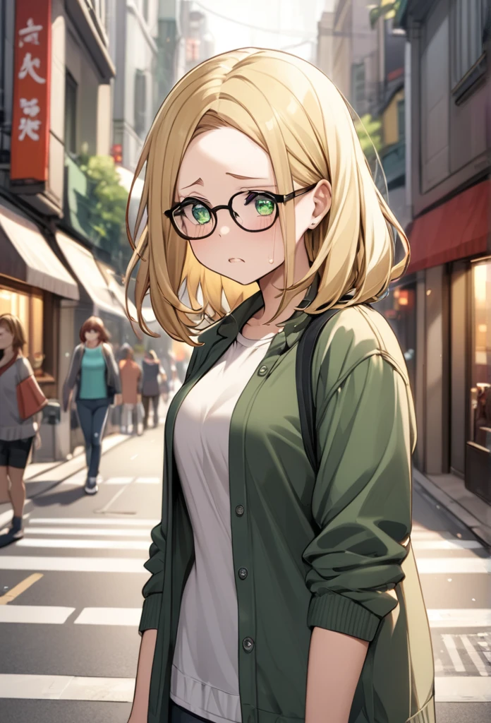 chubby girl, blonde, medium length hair, open forehead, no bangs, green eyes, black square-rimmed glasses, tears, casual clothes, street, city street