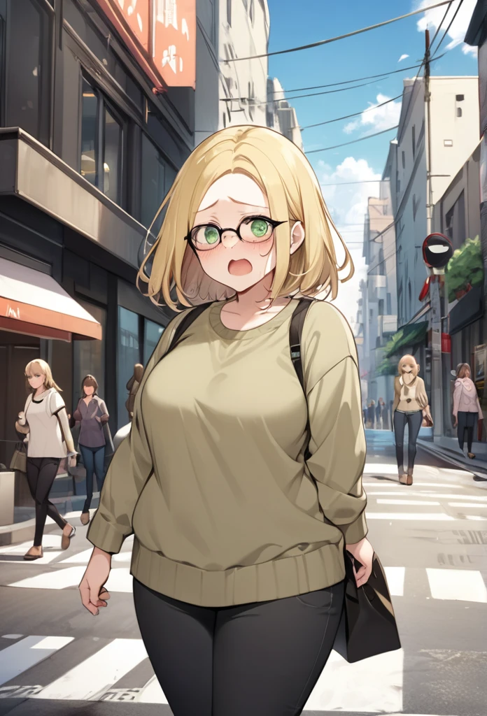 chubby girl, blonde, medium length hair, open forehead, no bangs, green eyes, black square-rimmed glasses, tears, casual clothes, street, city street