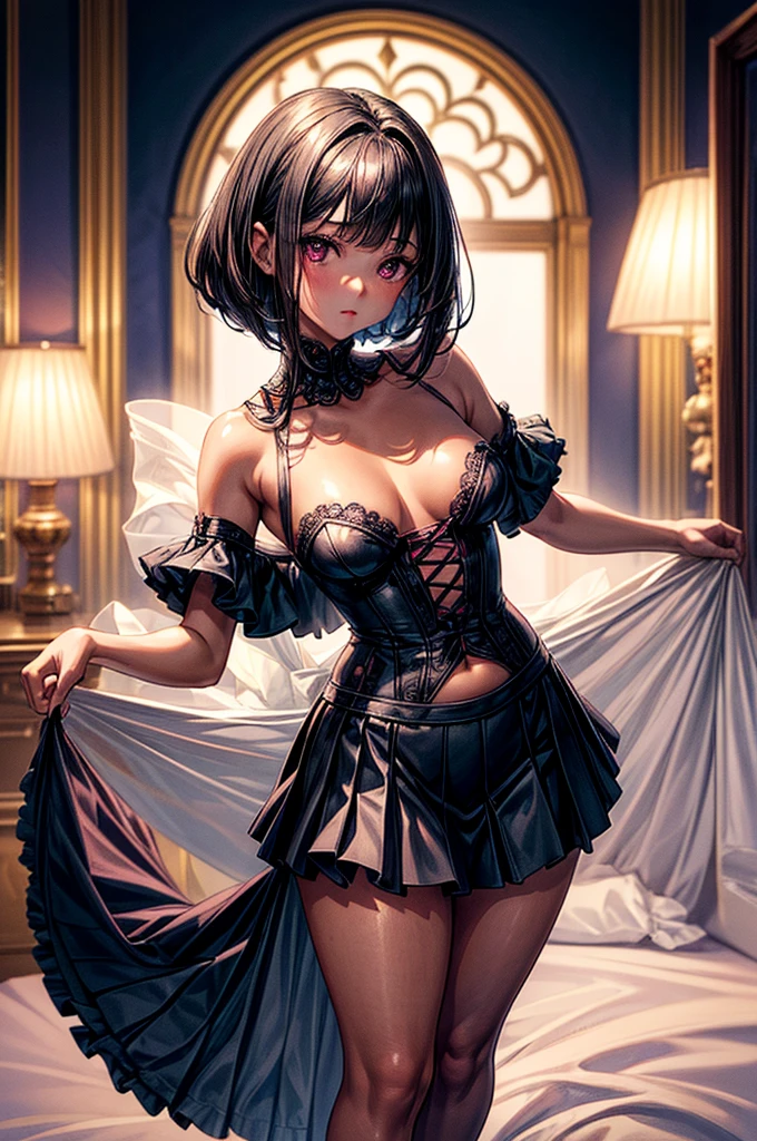 ((highest quality)),(ultra high resolution),(Super detailed),(detailed description),((best CG)),(best work of art),super precision art, great drawing art,(Art with precise details:1.5), (1 woman:1.5), beautiful and well-shaped face:1.5,(Beautiful skin with precise and detailed depiction:1.6),(Very precisely depicted sleeveless frill blouse and long pleated skirt:1.5),provocative angle:1.6,gorgeous, beautiful young age girl, 13 yghtly tanned white skin, loose and flowing silky thigh-length negligee sleepwear, short shoulder length hair, sleek dark violet-black hair, Bob-cut hair, big round velvet colored eyes, fringe bangs over forehead, oval shaped face, sharp facial features, high-bridged nose, full cherry pink lips. medium height(172cm). D-cup breasts, small narrow waist. small delicate curvy hips, smooth silky thick thighs, large round ass, hourglass figure, slim yet plump thick build, standing upright, full body picture, hip-level shot. classy and opulent bedroom setting