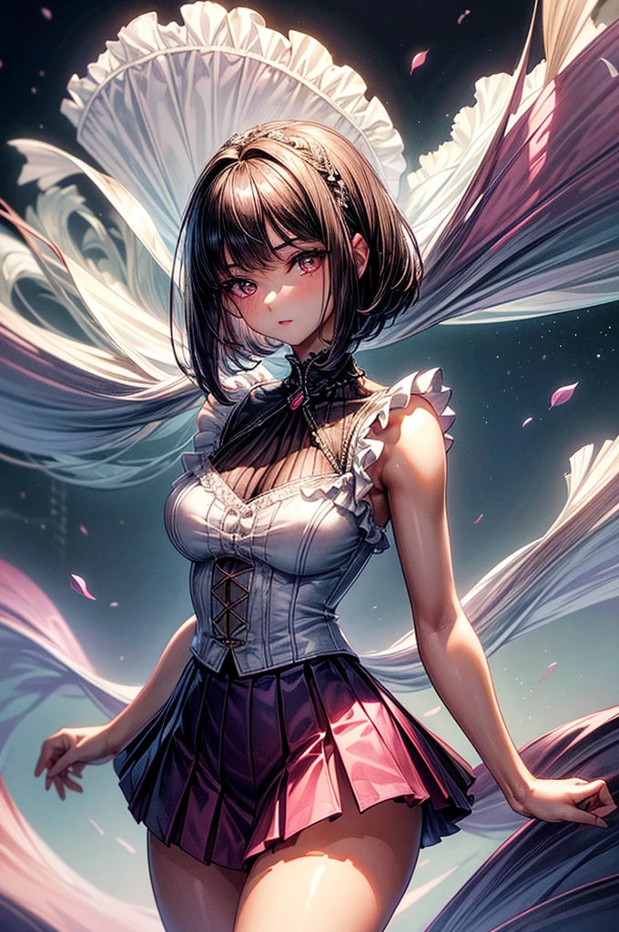 ((highest quality)),(ultra high resolution),(Super detailed),(detailed description),((best CG)),(best work of art),super precision art, great drawing art,(Art with precise details:1.5), (1 woman:1.5), beautiful and well-shaped face:1.5,(Beautiful skin with precise and detailed depiction:1.6),(Very precisely depicted sleeveless frill blouse and long pleated skirt:1.5),provocative angle:1.6,gorgeous, beautiful young teenage girl, 13 years old, lightly tanned white skin, loose and flowing silky thigh-length negligee sleepwear, short shoulder length hair, sleek dark violet-black hair, Bob-cut hair, big round velvet colored eyes, fringe bangs over forehead, oval shaped face, sharp facial features, high-bridged nose, full cherry pink lips. medium height(172cm). D-cup breasts, small narrow waist. small delicate curvy hips, smooth silky thick thighs, large round ass, hourglass figure, slim yet plump thick build, standing upright, full body picture, hip-level shot. classy and opulent bedroom setting