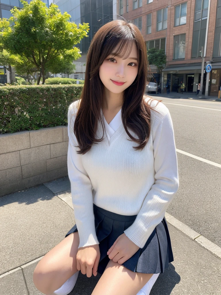 (8k, ultra high res) (best quality) (photo-realistic) (ultra detailed skin), light shadow, Natural lighting, looking_at_viewer
1girl,(Japanese ,kogal),smile,miniskirt,sweater_vest,long_hair,outdoors,((long-white-slouchy-socks)and loafers, ), school_uniform, tree, streetgrey_skirt,building,pleated_skirt