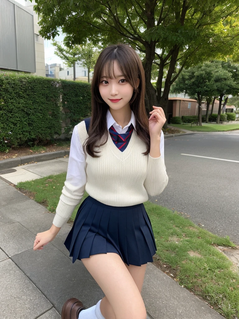 (8k, ultra high res) (best quality) (photo-realistic) (ultra detailed skin), light shadow, Natural lighting, looking_at_viewer
1girl,(Japanese ,kogal),smile,miniskirt,sweater_vest,long_hair,outdoors,((long-white-slouchy-socks)and loafers, ), school_uniform, tree, streetgrey_skirt,building,pleated_skirt