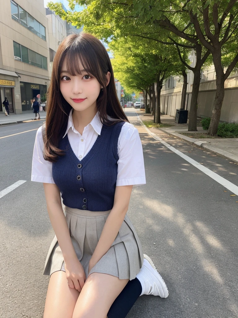 (8k, ultra high res) (best quality) (photo-realistic) (ultra detailed skin), light shadow, Natural lighting, looking_at_viewer
1girl,(Japanese ,kogal),smile,miniskirt,sweater_vest,long_hair,outdoors,((long-white-slouchy-socks)and loafers, ), school_uniform, tree, streetgrey_skirt,building,pleated_skirt