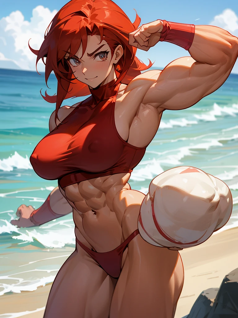 Thin and  anime redhead muscle mommy in a red thong bikini flexing her muscles in a front double biceps pose to pridefully show off her rock hard abs on a white sanded beach, highly detailed 