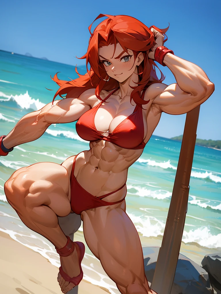 Thin and anime redhead muscle mommy in a red thong bikini flexing her muscles in a front double biceps pose to pridefully show off her rock hard abs on a white sanded beach, highly detailed