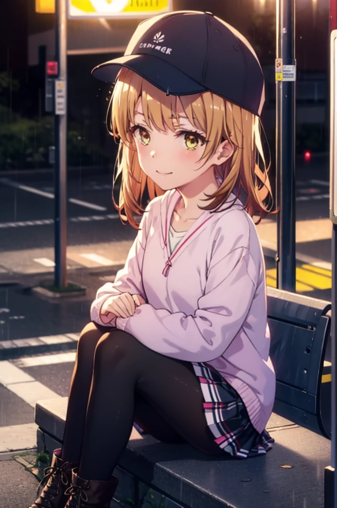Irohaisshiki, isshiki iroha, Long Hair, Brown Hair, (Brown eyes:1.5), happy smile, smile, Close your mouth,blush,rain,night,Baseball hats,Pink oversized hoodie,V-neck shirt,mini skirt,Black pantyhose,short boots,Sitting on a bus stop bench、,Hidden in a covered building bus stop,whole bodyがイラストに入るように,
break outdoors, バス停
break looking at viewer,whole body,
break (masterpiece:1.2), Highest quality, High resolution, unity 8k wallpaper, (figure:0.8), (Beautiful attention to detail:1.6), Highly detailed face, Perfect lighting, Highly detailed CG, (Perfect hands, Perfect Anatomy),