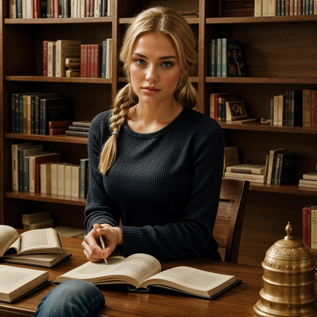 A blonde woman in her 30s with blue eyes is sitting in a quiet, modern library. She has her long hair tied back in a ponytail or chignon. She is dressed in classic, everyday clothing in black, such as a comfortable blouse and jeans or a casual dress. She is seated behind a table with several books spread out in front of her, as if she is studying or reading. The background shows bookshelves filled with books, creating a scholarly and serene atmosphere. She is alone in the image.

The image should capture a peaceful, intellectual moment with an ultra-realistic and high-quality look. Everything in the image, including the woman, her black outfit, and the library setting, should be as detailed and realistic as possible. The facial details, hair, and clothing textures should be extremely lifelike, with intricate textures. The details of the books, the table, and the bookshelves should be enhanced to an ultra-realistic level. Additionally, add a subtle film grain effect to the image to give it a cinematic quality. The image should have the crystal clear quality of a Fujifilm XT3 photograph, with the beautiful figure framed at the center. The woman's body should have slightly more generous curves, enhancing her natural figure in a tasteful and realistic manner. Everything should be the highest possible quality with the most realistic details.