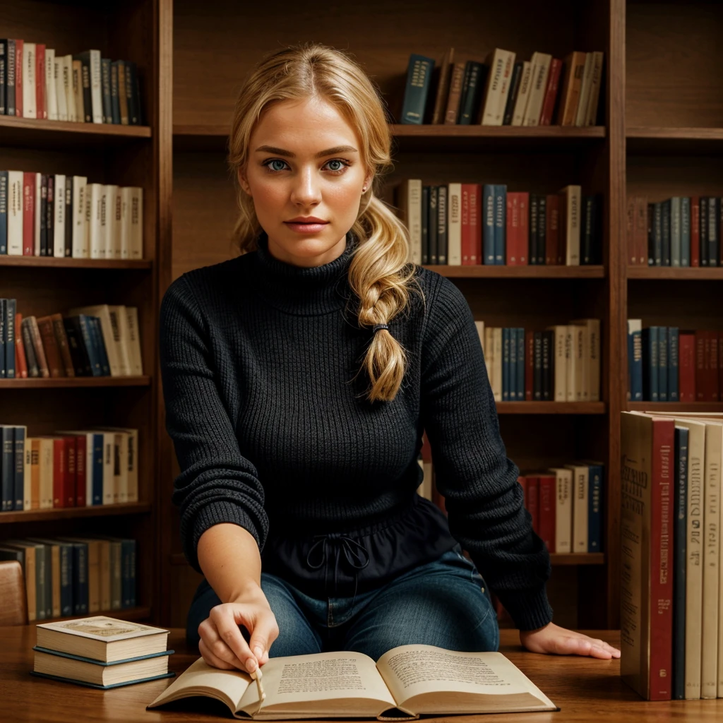A blonde woman in her 30s with blue eyes is sitting in a quiet, modern library. She has her long hair tied back in a ponytail or chignon. She is dressed in classic, everyday clothing in black, such as a comfortable blouse and jeans or a casual dress. She is seated behind a table with several books spread out in front of her, as if she is studying or reading. The background shows bookshelves filled with books, creating a scholarly and serene atmosphere. She is alone in the image.
The image should capture a peaceful, intellectual moment with an ultra-realistic and high-quality look. Everything in the image, including the woman, her black outfit, and the library setting, should be as detailed and realistic as possible. The facial details, hair, and clothing textures should be extremely lifelike, with intricate textures. The details of the books, the table, and the bookshelves should be enhanced to an ultra-realistic level. Additionally, add a subtle film grain effect to the image to give it a cinematic quality. The image should have the crystal clear quality of a Fujifilm XT3 photograph, with the beautiful figure framed at the center. The woman's body should have slightly more generous curves, enhancing her natural figure in a tasteful and realistic manner. Everything should be the highest possible quality with the most realistic details.