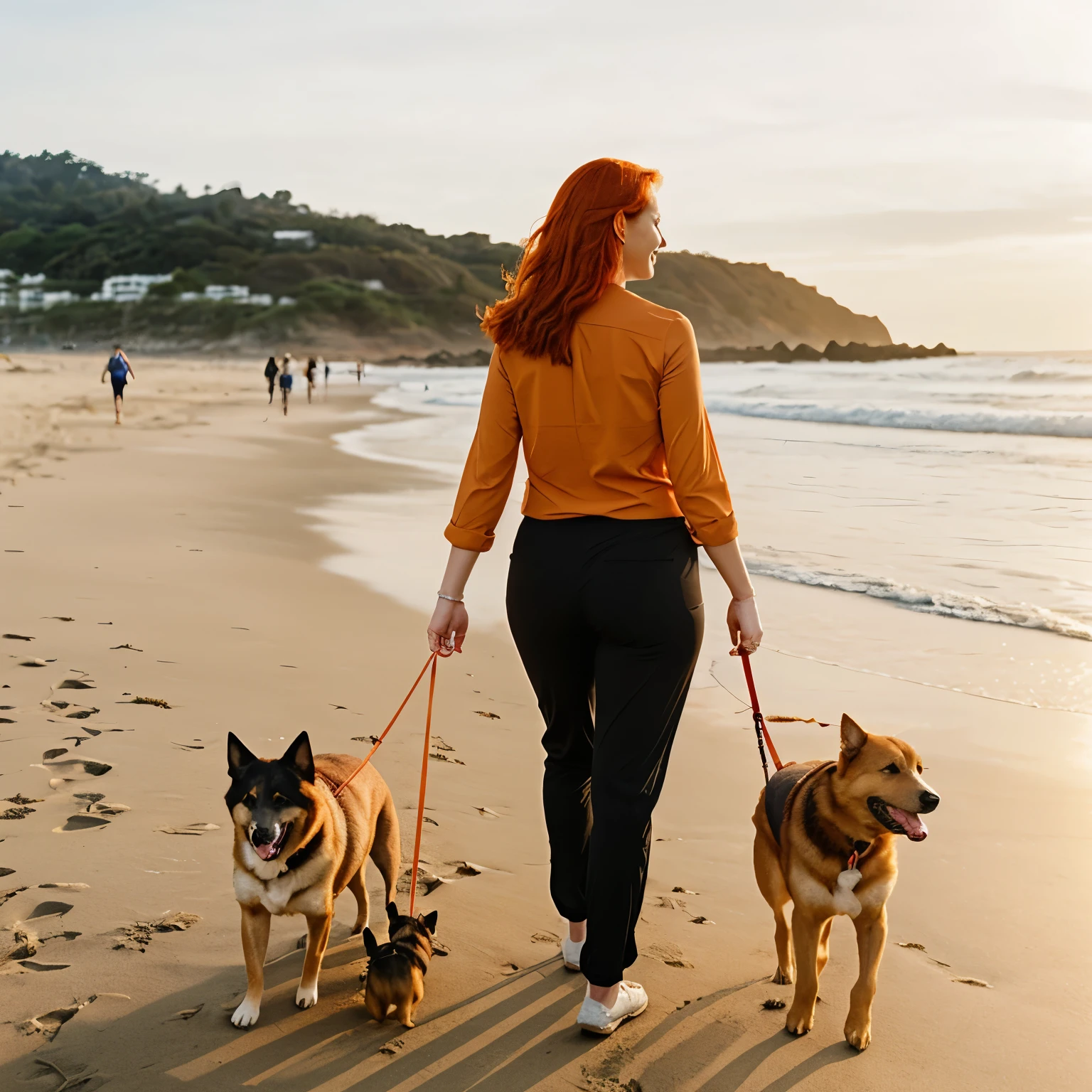 create an image in which there is a beautiful redheaded woman, young, 38 years old, happy, with the posture of a professional dog walker, from the back, wearing an orange shirt, wide black sports pants, walking along the beach with three dogs on a leash.