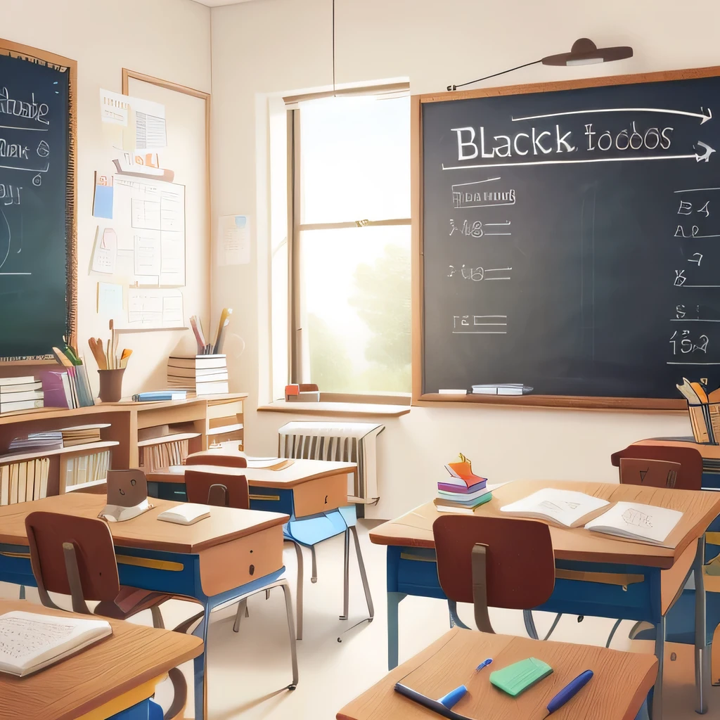 School, indoors, classroom, sunny, without students and teachers, a blackboard facing the audience, in front of the blackboard there is a wooden desk, on the desk there are some books placed on both sides.