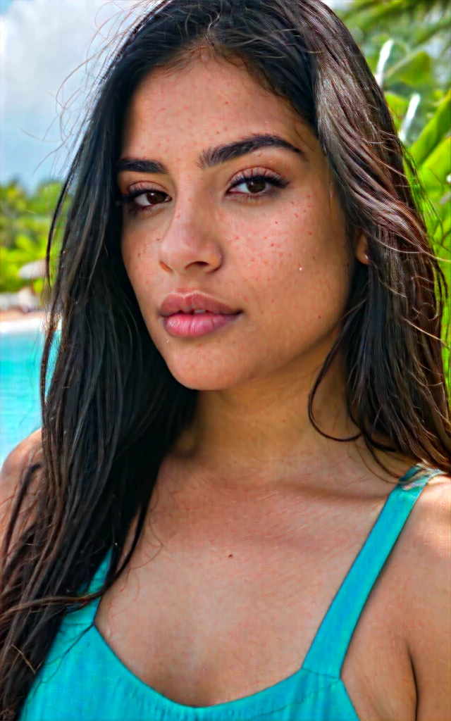 A photograph of a young woman with dark hair and a fair complexion, gazing directly into the camera. She has well-defined eyebrows, long lashes, and full lips. Her hair is wet, suggesting she has just come out of water, with strands framing her face. The background features lush green foliage and a clear blue sky, indicating an outdoor setting, possibly near a pool or beach. The lighting is natural and bright, casting soft shadows on her face. The overall mood is serene and confident. Close-up shot, shallow depth of field, natural light, tropical setting