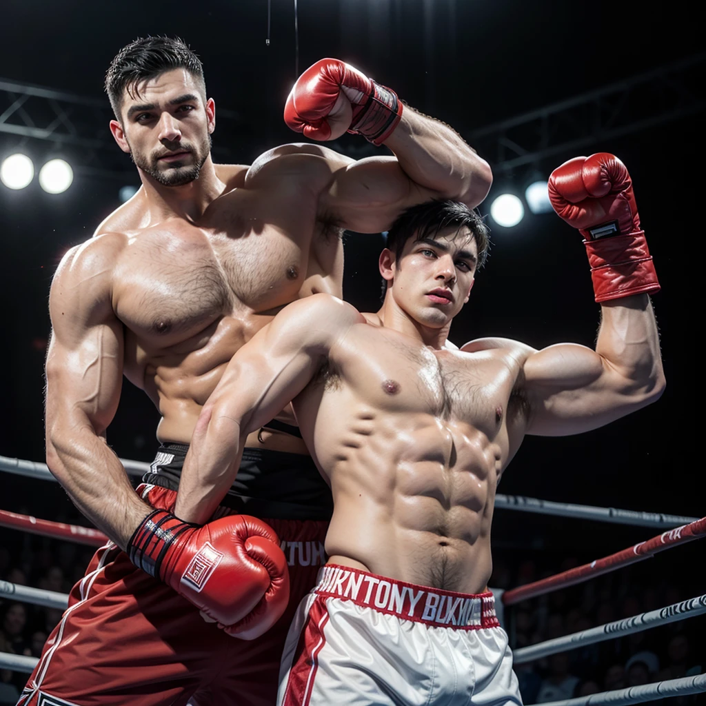 hairy, muscular boxer, has straight black hair on his chest, large flexed biceps, leather red big gloves oversized, laces and tapped and has his hands raised in a sign of victory, he is over a boxing ring, he wear small briefs and long boxing boots, short hair cut, show his hairy armpits, big muscles full of hairy, biggest chest n back, show his bonner dick