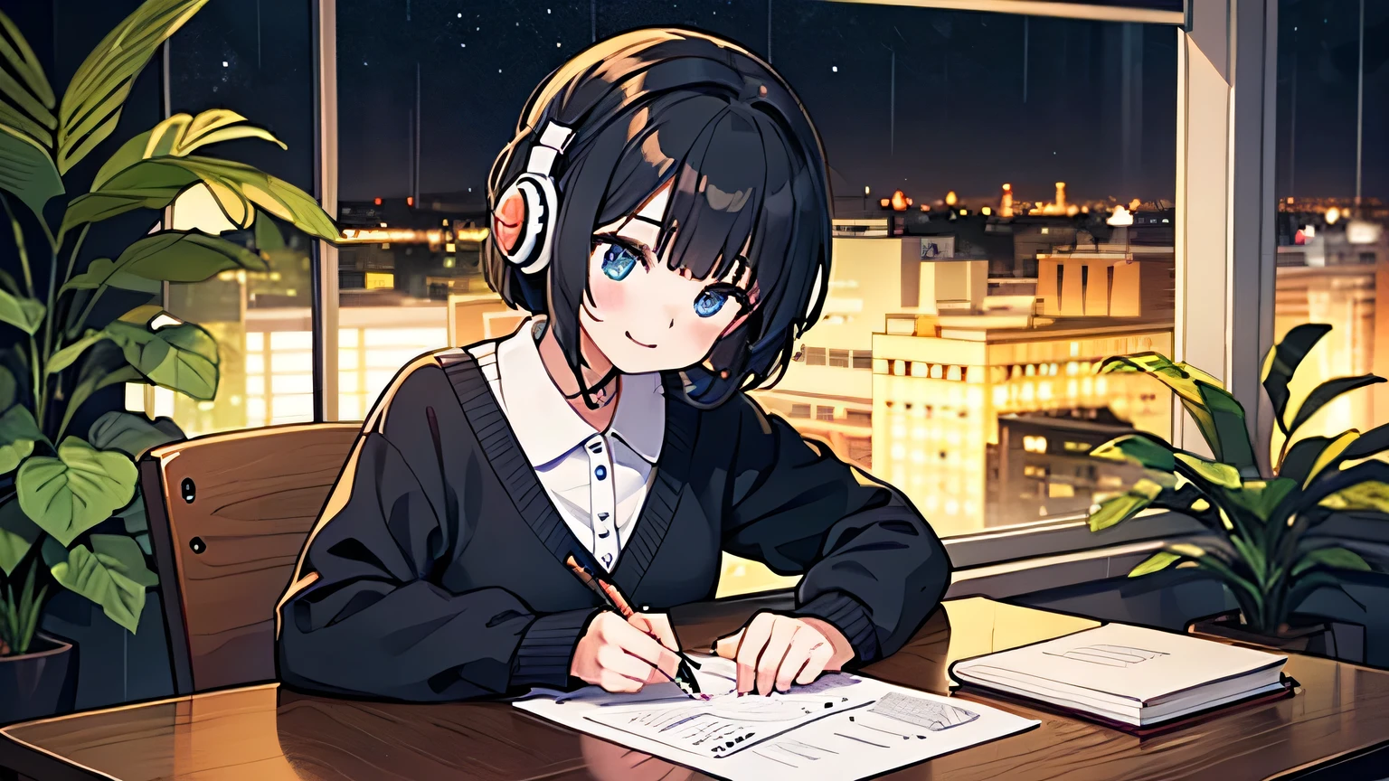 girl, solo, blue eyes, (detailed eyes), flat chest, short hair, black hair,, gentle smile on her face, , sitting up straight, wearing a white cardigan((masterpiece, illustration, best quality) rainy night I opened my laptop on the table at very modern white colour cafe. 30 generation of woman studying while listening to music with headphones. the night view is very beautiful with beautiful candle on her table. there are plants in the background Lo-fi vibes She writes on a piece of paper with a beautiful night view with books and plants in the background with coffee on the desk with pretty candles on her desk