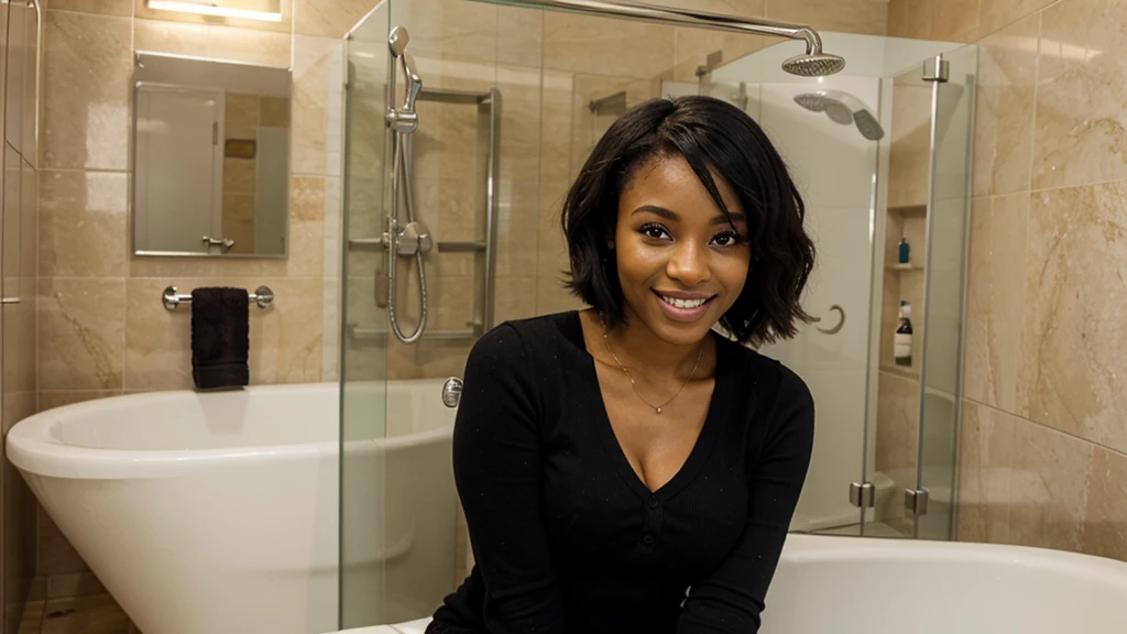Happy black woman.  bathroom 