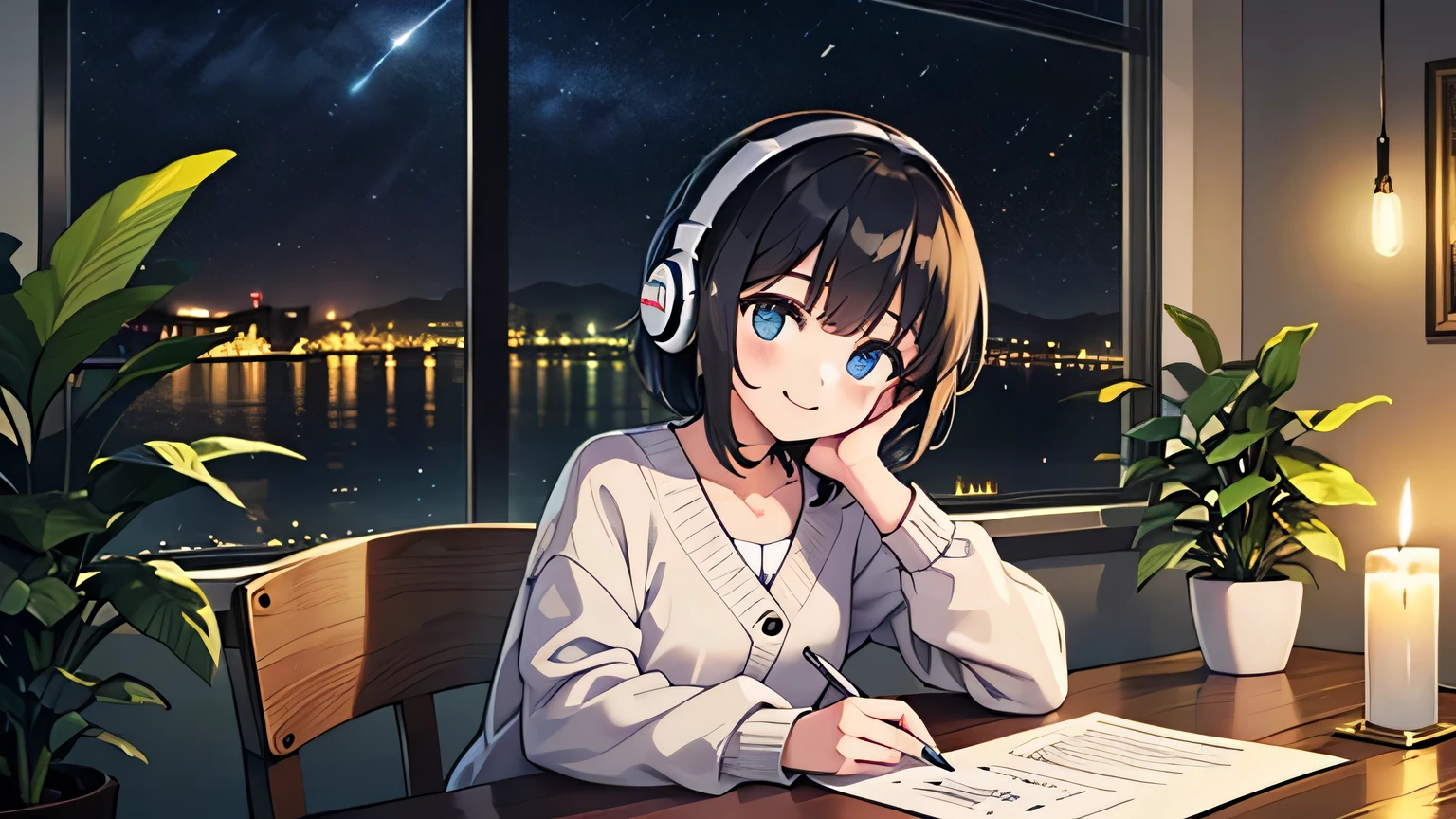 girl, solo, blue eyes, (detailed eyes), flat chest, short hair, black hair,, gentle smile on her face, , sitting up straight, wearing a white cardigan((masterpiece, illustration, best quality) rainy night I opened my laptop on the table at very modern white colour cafe. 30 generation of woman studying while listening to music with headphones. the night view is very beautiful with beautiful candle on her table. there are plants in the background Lo-fi vibes She writes on a piece of paper with a beautiful night view with books and plants in the background with coffee on the desk with pretty candles on her desk