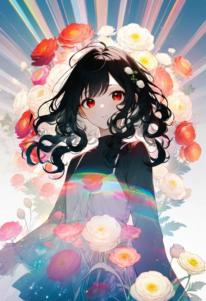 16k, (double exposure:1.05 silhouette: 1.1) (many white Ranunculus asiaticus) (background is exposure:1.1 ParticlesColorfulLight Rays), wearing layered one piece dress, frontale curly hair black hair long hair lovely red eyes girl.