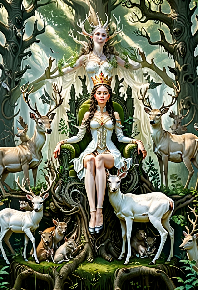 (Queen, crown), At the center of the screen is a crowned queen sitting on a throne intertwined with thick tree roots, surrounded by various wild animals. One of the white deer is gently caressed by her hand, and the background is a lush forest, (Photography), award-winning, cinematic still, emotional, vignette, dynamic, vivid, (masterpiece, best quality, Professional, perfect composition, very aesthetic, absurdres, ultra-detailed, intricate details:1.3)